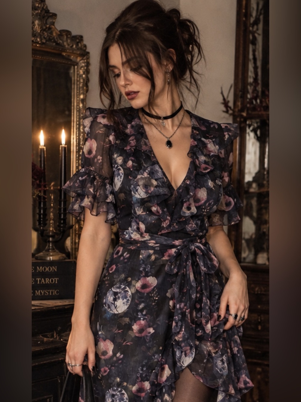 Disturbia Whimsigoth Floral Lunar Flower Wrap Dress - Dark Romantic Floral 🥀🌙🍂